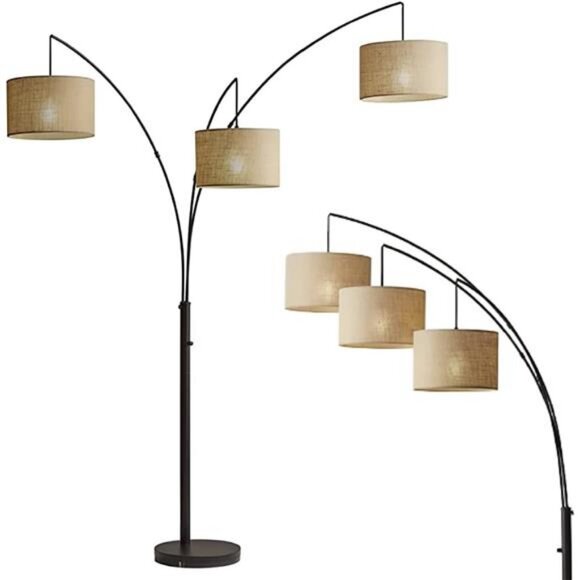 Trinity Arc Floor Lamp Antique Bronze Finish, Beige Burlap Home Decor Lamps - Picture 1 of 7